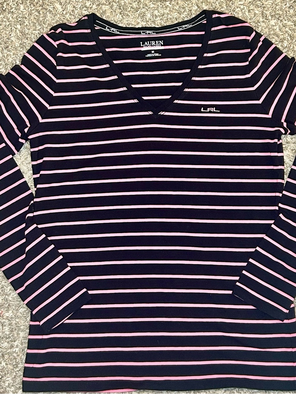 Lauren Ralph Lauren Navy and Pink Striped V-Neck Long Sleeve Top